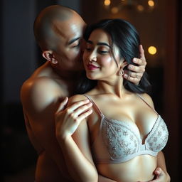 A 37-year-old Indonesian man with pure white skin is affectionately hugging a beautiful 28-year-old woman from behind, embodying a combination of warmth and intensity