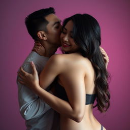 A 37-year-old Indonesian man with pure white skin is affectionately hugging a beautiful 28-year-old woman from behind, embodying a combination of warmth and intensity
