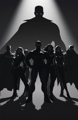 Shadows of seven powerful superheroes standing strong, both male and female, showcasing a diverse array of heroic poses