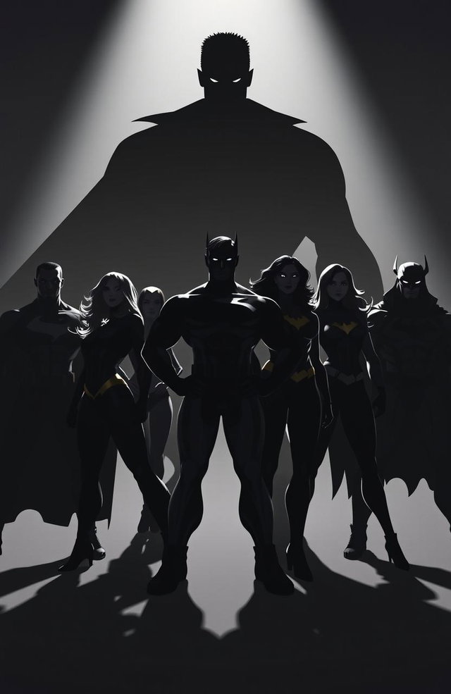 Shadows of seven powerful superheroes standing strong, both male and female, showcasing a diverse array of heroic poses