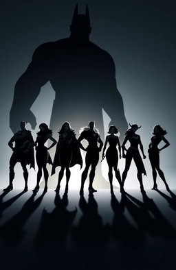 Shadows of seven powerful superheroes standing strong, both male and female, showcasing a diverse array of heroic poses