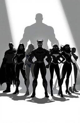 Shadows of seven powerful superheroes standing strong, both male and female, showcasing a diverse array of heroic poses