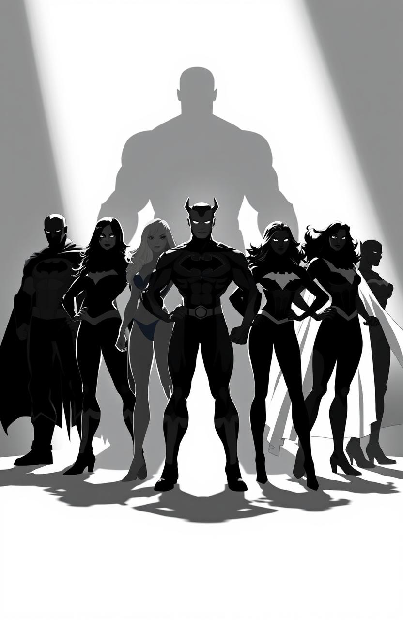 Shadows of seven powerful superheroes standing strong, both male and female, showcasing a diverse array of heroic poses