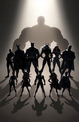 Shadows of seven powerful superheroes standing strong, both male and female, showcasing a diverse array of heroic poses