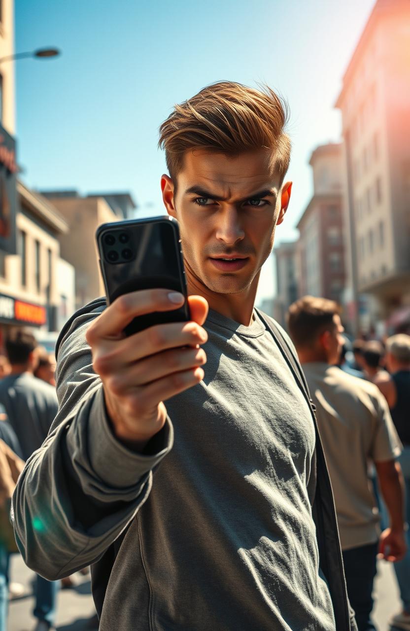 A dramatic scene unfolding in a sunlit urban environment