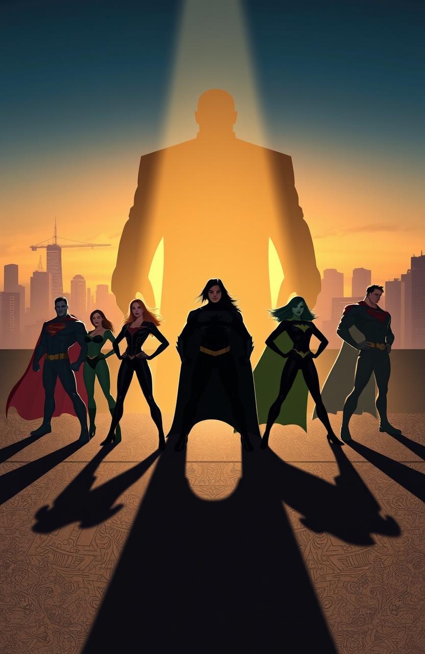 Shadows of seven powerful superheroes, both male and female, standing in heroic poses