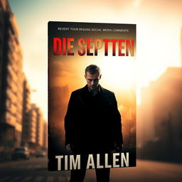 A gripping and dark book cover design, depicting a solitary figure of a man standing in a sunlit, urban environment