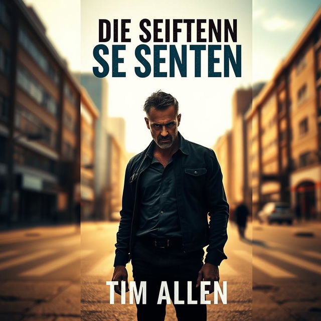 A gripping and dark book cover design, depicting a solitary figure of a man standing in a sunlit, urban environment