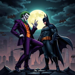A dynamic crossover scene featuring the Joker and Batman, set in a dark, atmospheric Gotham City