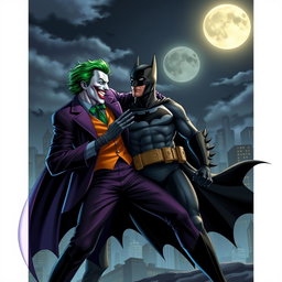 A dynamic crossover scene featuring the Joker and Batman, set in a dark, atmospheric Gotham City