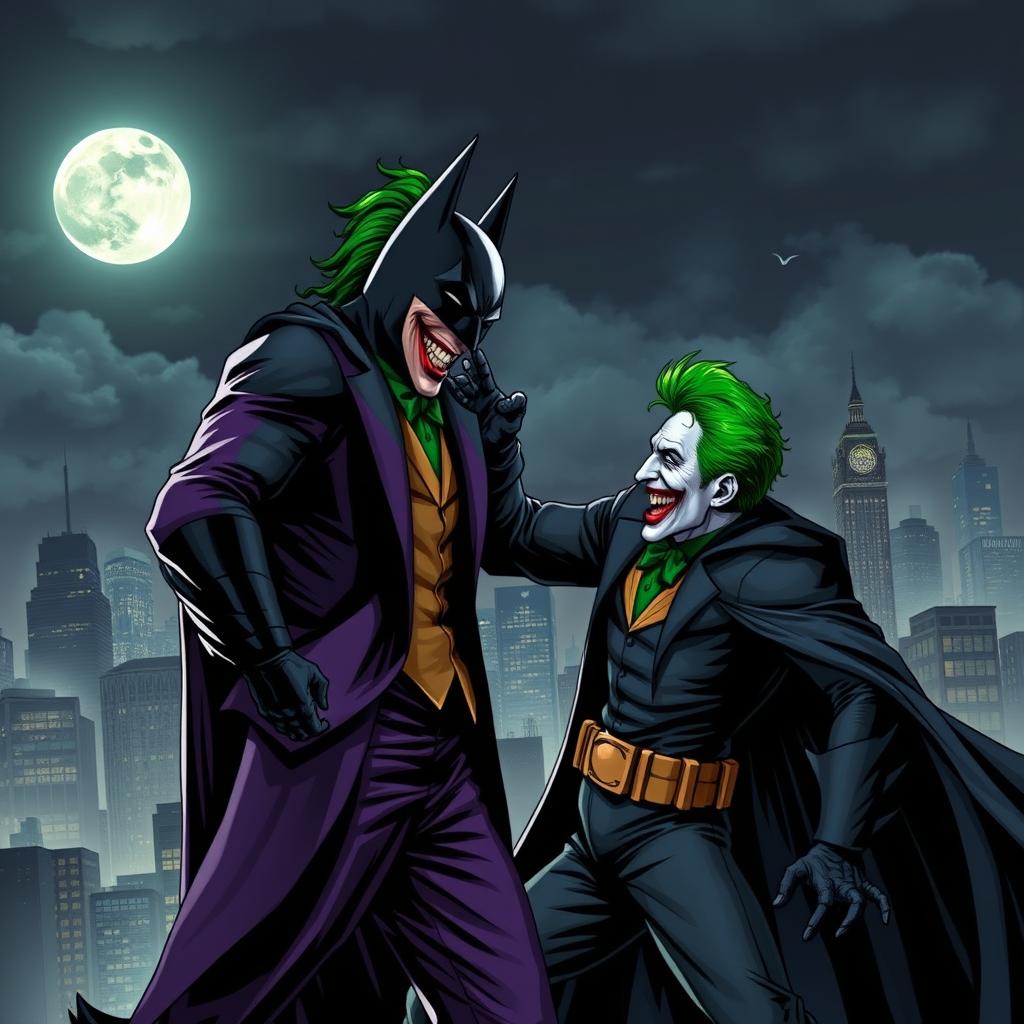 A dynamic crossover scene featuring the Joker and Batman, set in a dark, atmospheric Gotham City