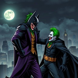 A dynamic crossover scene featuring the Joker and Batman, set in a dark, atmospheric Gotham City