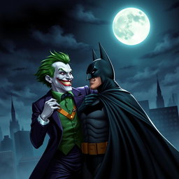 A dynamic crossover scene featuring the Joker and Batman, set in a dark, atmospheric Gotham City