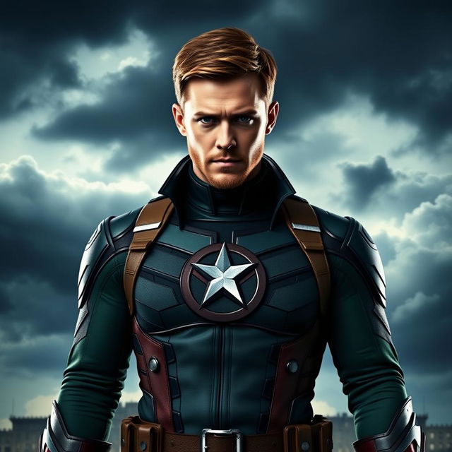 A striking portrayal of Chris Evans as Captain Hydra, standing in a heroic pose, wearing the dark green and black Hydra outfit complete with a menacing emblem on his chest