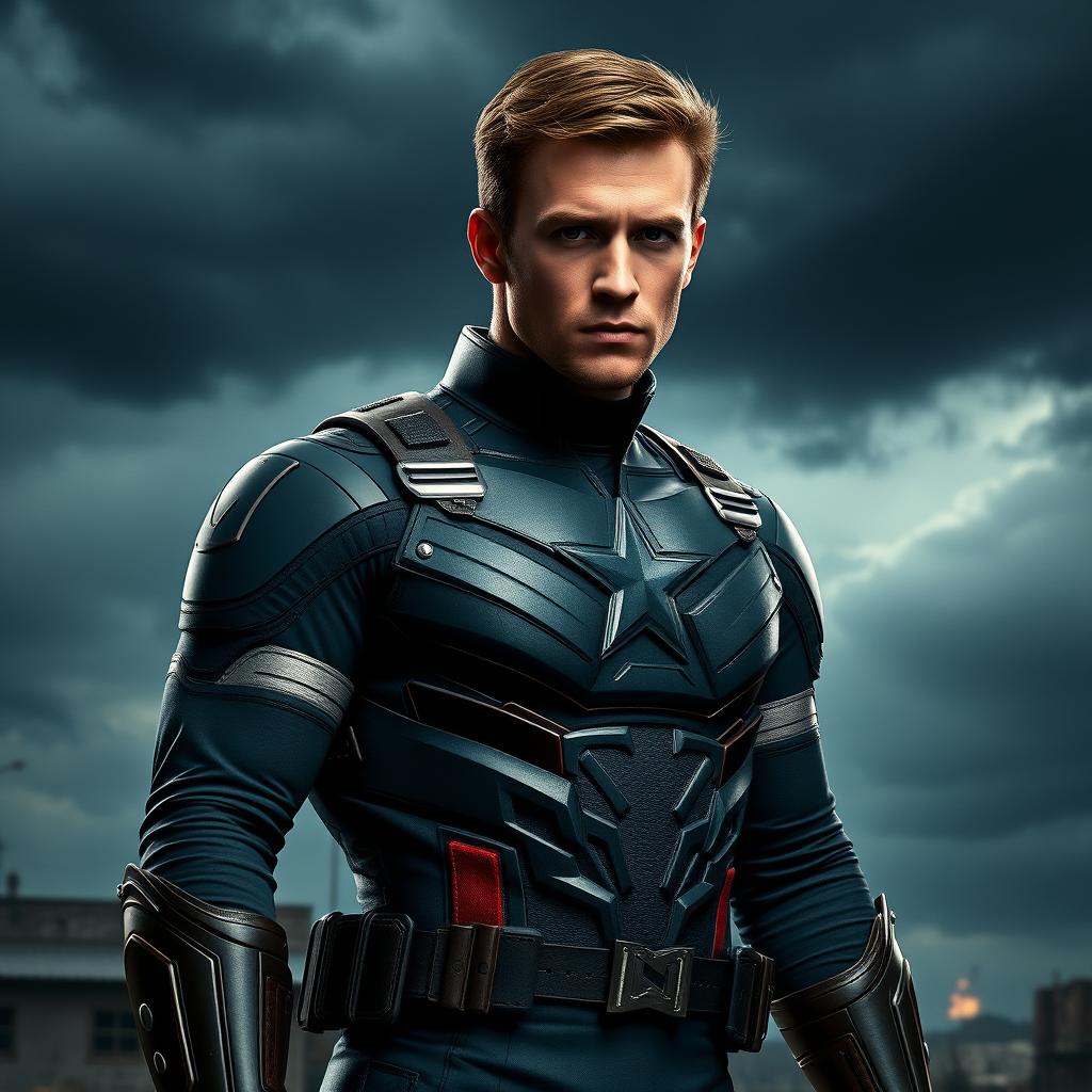 A striking portrayal of Chris Evans as Captain Hydra, standing in a heroic pose, wearing the dark green and black Hydra outfit complete with a menacing emblem on his chest