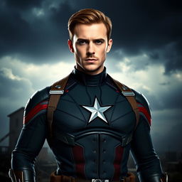 A striking portrayal of Chris Evans as Captain Hydra, standing in a heroic pose, wearing the dark green and black Hydra outfit complete with a menacing emblem on his chest