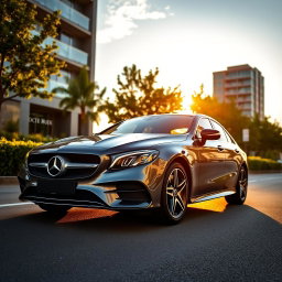 A sleek and luxurious Mercedes-Benz, showcasing its iconic design and craftsmanship, parked on a picturesque city street at sunset