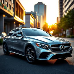 A sleek and luxurious Mercedes-Benz, showcasing its iconic design and craftsmanship, parked on a picturesque city street at sunset