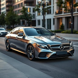 A sleek and luxurious Mercedes-Benz, showcasing its iconic design and craftsmanship, parked on a picturesque city street at sunset