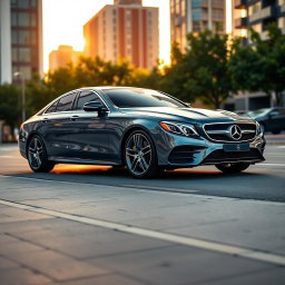 A sleek and luxurious Mercedes-Benz, showcasing its iconic design and craftsmanship, parked on a picturesque city street at sunset