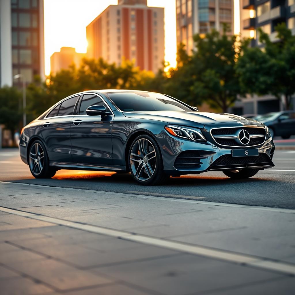 A sleek and luxurious Mercedes-Benz, showcasing its iconic design and craftsmanship, parked on a picturesque city street at sunset