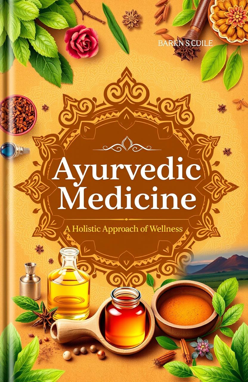 A beautifully designed book cover for an Ayurvedic medicine treatment guide, featuring natural elements such as herbs, spices, and a rich, vibrant color palette inspired by traditional Indian art