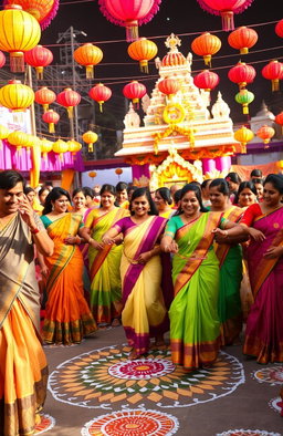 A vibrant Tamil cultural festival scene with colorful decorations and traditional attire