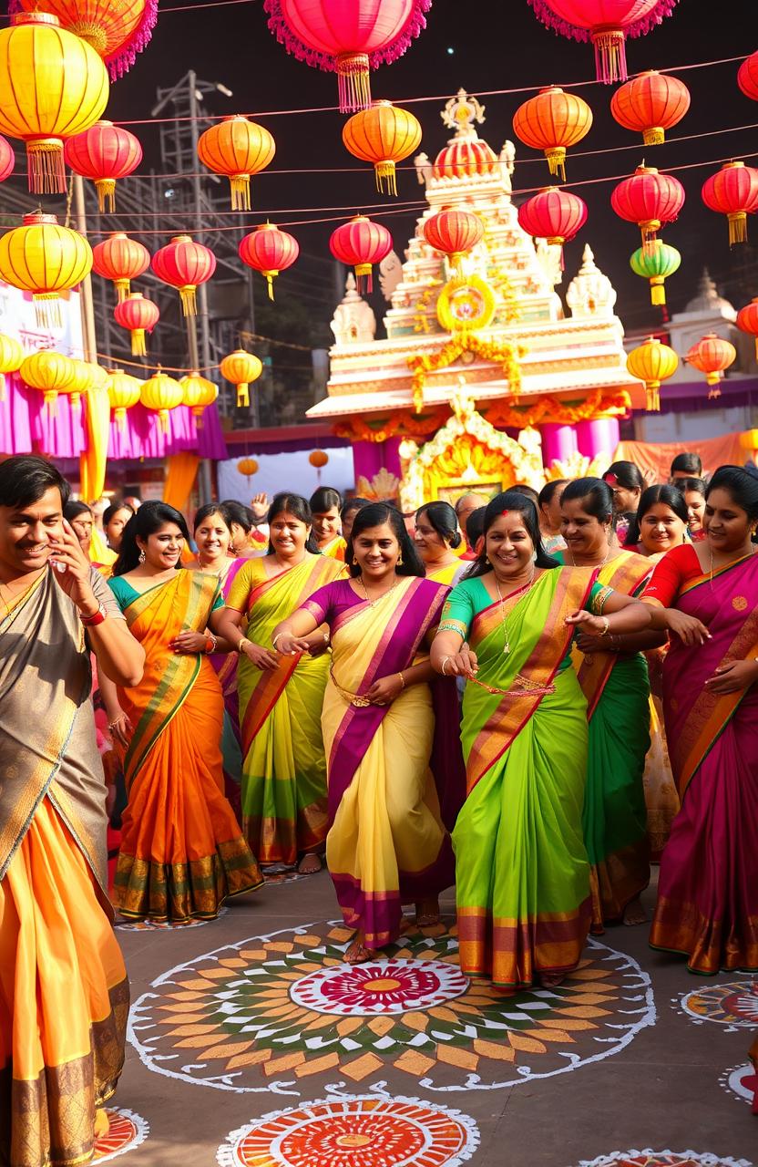 A vibrant Tamil cultural festival scene with colorful decorations and traditional attire