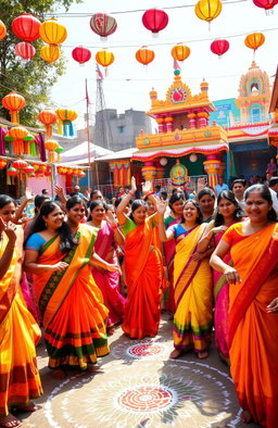 A vibrant Tamil cultural festival scene with colorful decorations and traditional attire