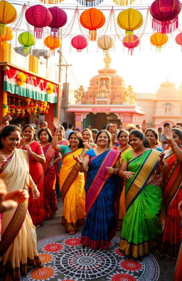 A vibrant Tamil cultural festival scene with colorful decorations and traditional attire