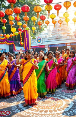 A vibrant Tamil cultural festival scene with colorful decorations and traditional attire