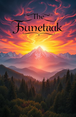 A book cover design featuring a mystical fantasy landscape with a vibrant sunset over a vast mountain range