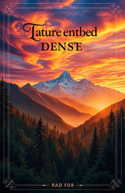A book cover design featuring a mystical fantasy landscape with a vibrant sunset over a vast mountain range
