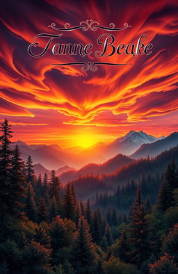A book cover design featuring a mystical fantasy landscape with a vibrant sunset over a vast mountain range