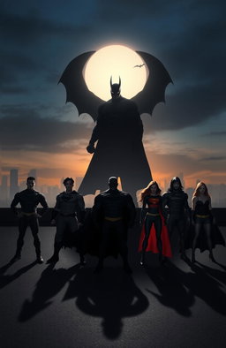 A dramatic and powerful scene showcasing the shadows of seven superheroes, both males and females, standing confidently in strong poses