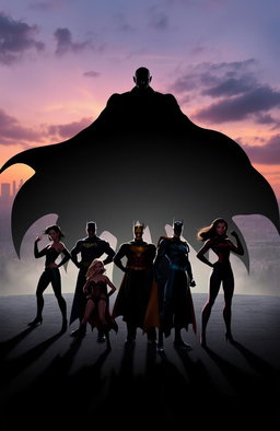 A dramatic and powerful scene showcasing the shadows of seven superheroes, both males and females, standing confidently in strong poses