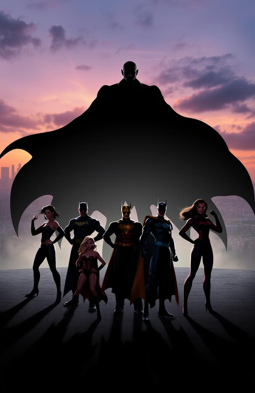 A dramatic and powerful scene showcasing the shadows of seven superheroes, both males and females, standing confidently in strong poses