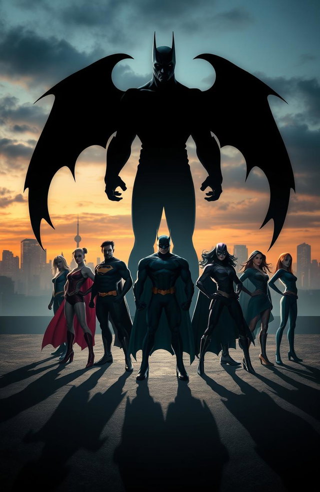A dramatic and powerful scene showcasing the shadows of seven superheroes, both males and females, standing confidently in strong poses