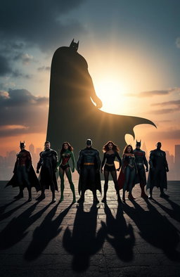 A dramatic and powerful scene showcasing the shadows of seven superheroes, both males and females, standing confidently in strong poses