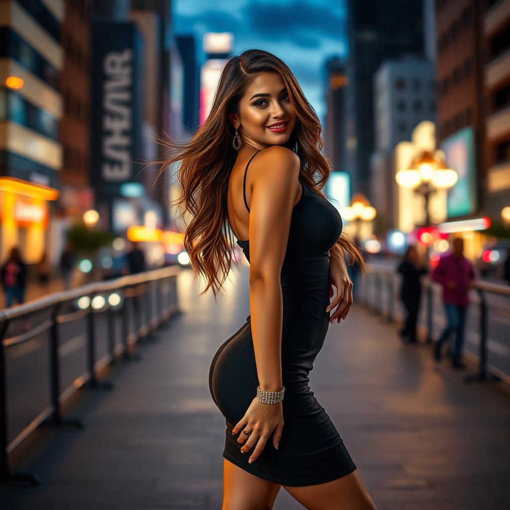 A stunningly attractive woman in a glamorous outfit, confidently posing against a vibrant, urban backdrop