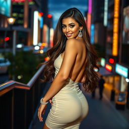 A stunningly attractive woman in a glamorous outfit, confidently posing against a vibrant, urban backdrop