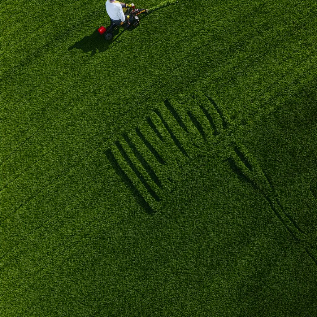 A man in casual comfortable clothes diligently mowing a lush green lawn, with the freshly cut grass creating a pattern.