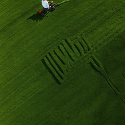 A man in casual comfortable clothes diligently mowing a lush green lawn, with the freshly cut grass creating a pattern.