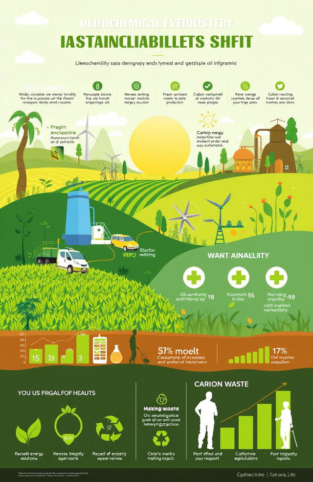A vibrant infographic depicting sustainability and development in the oleochemical and vegetable oil industry