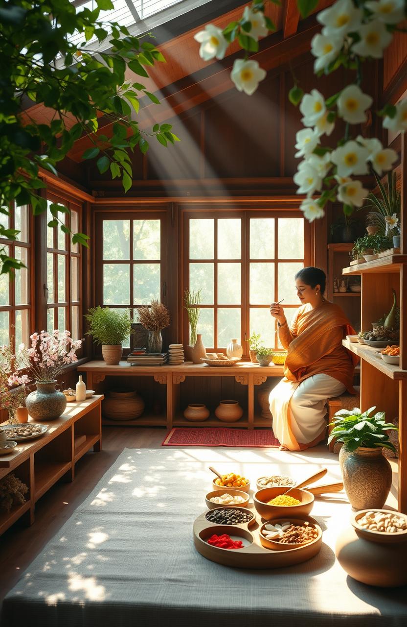 A serene and tranquil setting representing Ayurvedic medicine and treatment