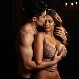 A 37-year-old Indonesian man with pure white skin is affectionately hugging a stunning 28-year-old woman from behind, showcasing an intimidating yet tender demeanor