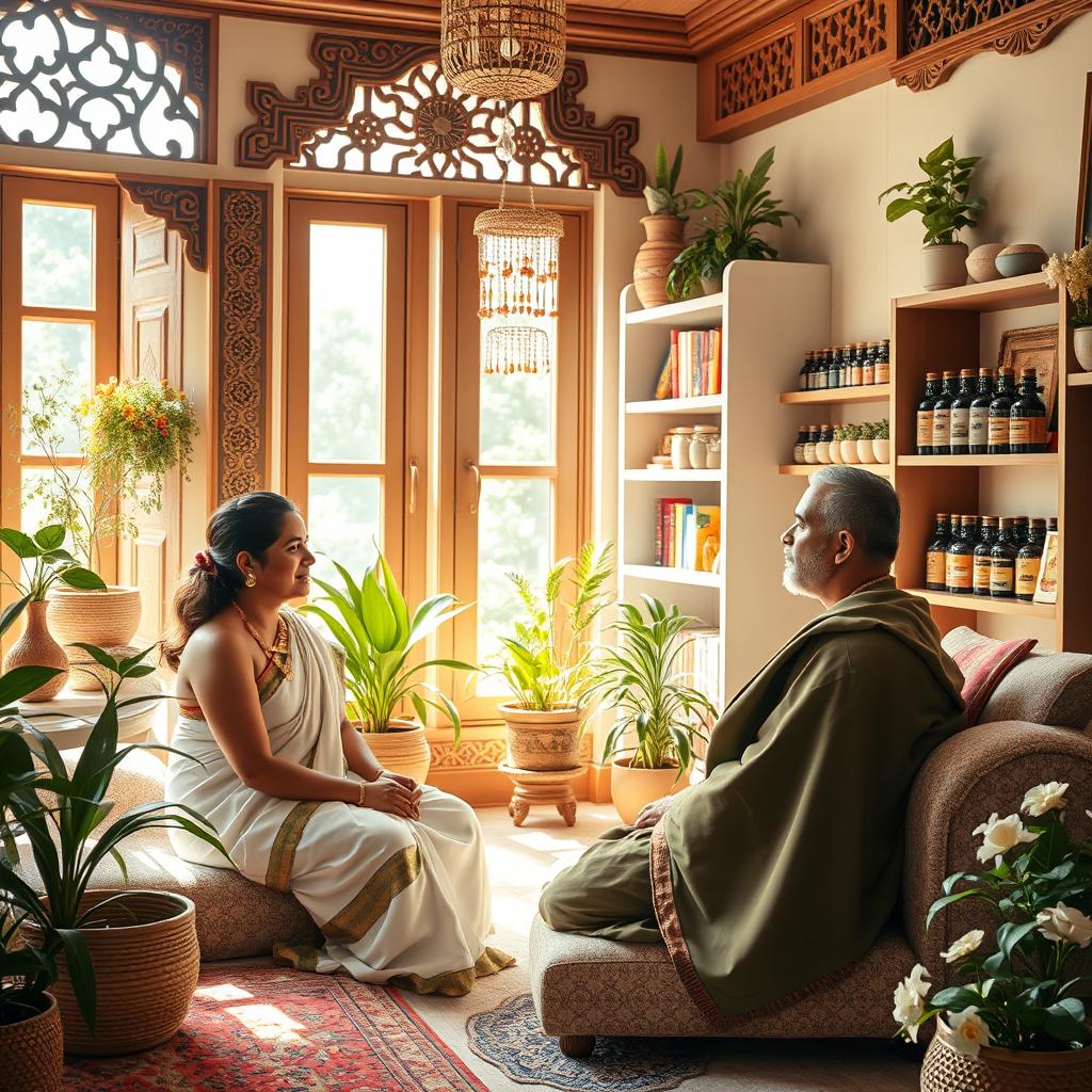 A peaceful Ayurvedic medicine scene highlighting holistic treatment and natural healing