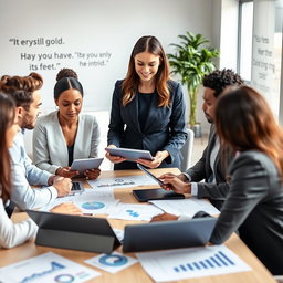 A professional workplace scene capturing an entrepreneur at a modern desk surrounded by diverse team members engaged in collaborative discussions