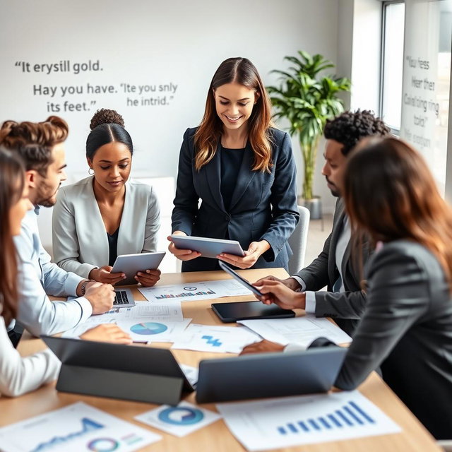 A professional workplace scene capturing an entrepreneur at a modern desk surrounded by diverse team members engaged in collaborative discussions