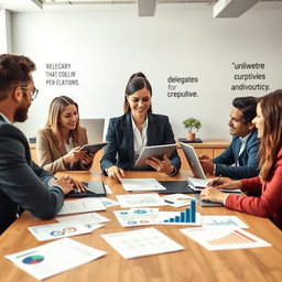 A professional workplace scene capturing an entrepreneur at a modern desk surrounded by diverse team members engaged in collaborative discussions